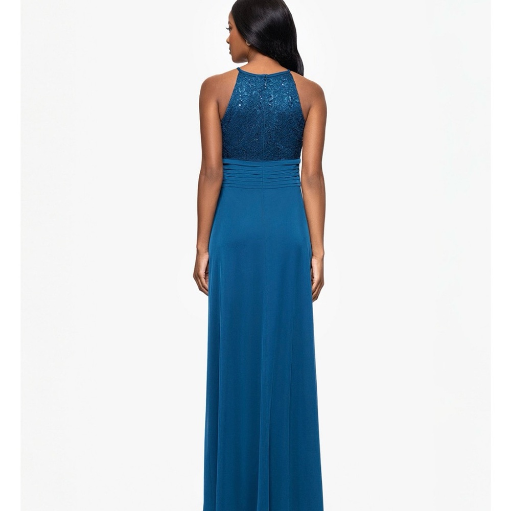 Betsy & Adam Teal Halter Sequin Chiffon Gown Petite Size 2P Formal Evening - Picture 5 of 8